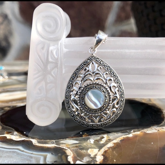 Addison Lane MOP and Marcasite Teardrop Pendant - Picture 3 of 7